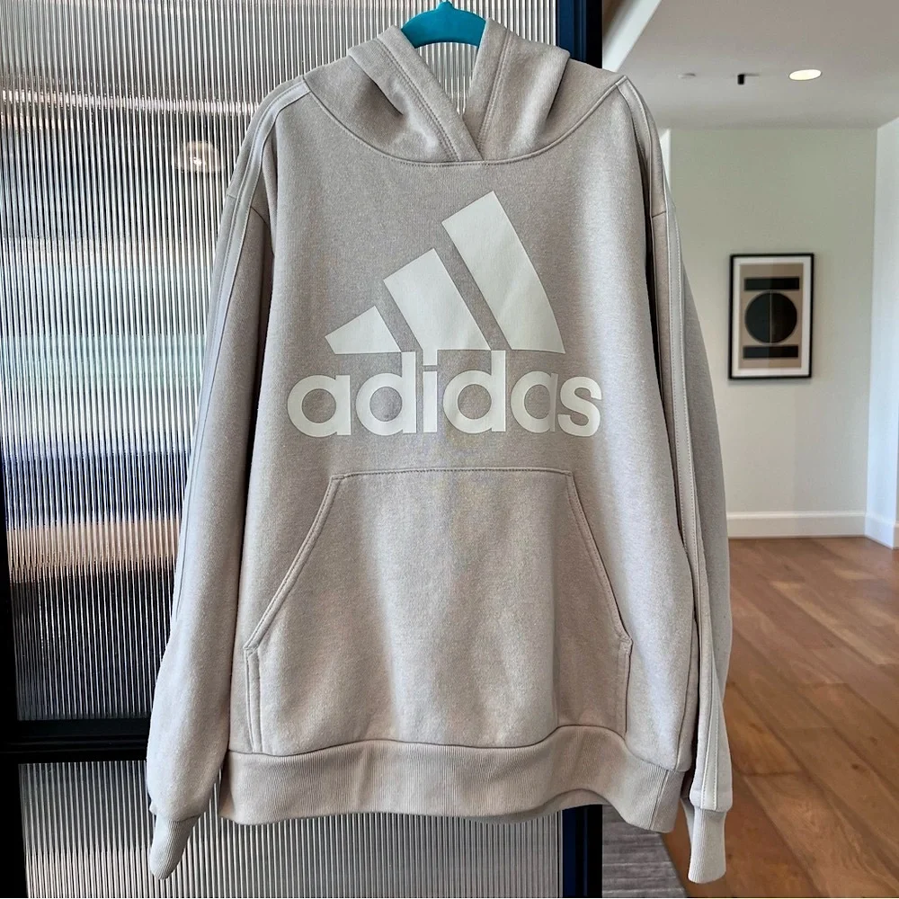 adidas Boys Tech Fleece Hoodie Tan Beige Athletic Logo Sweatshirt Youth M 10 12